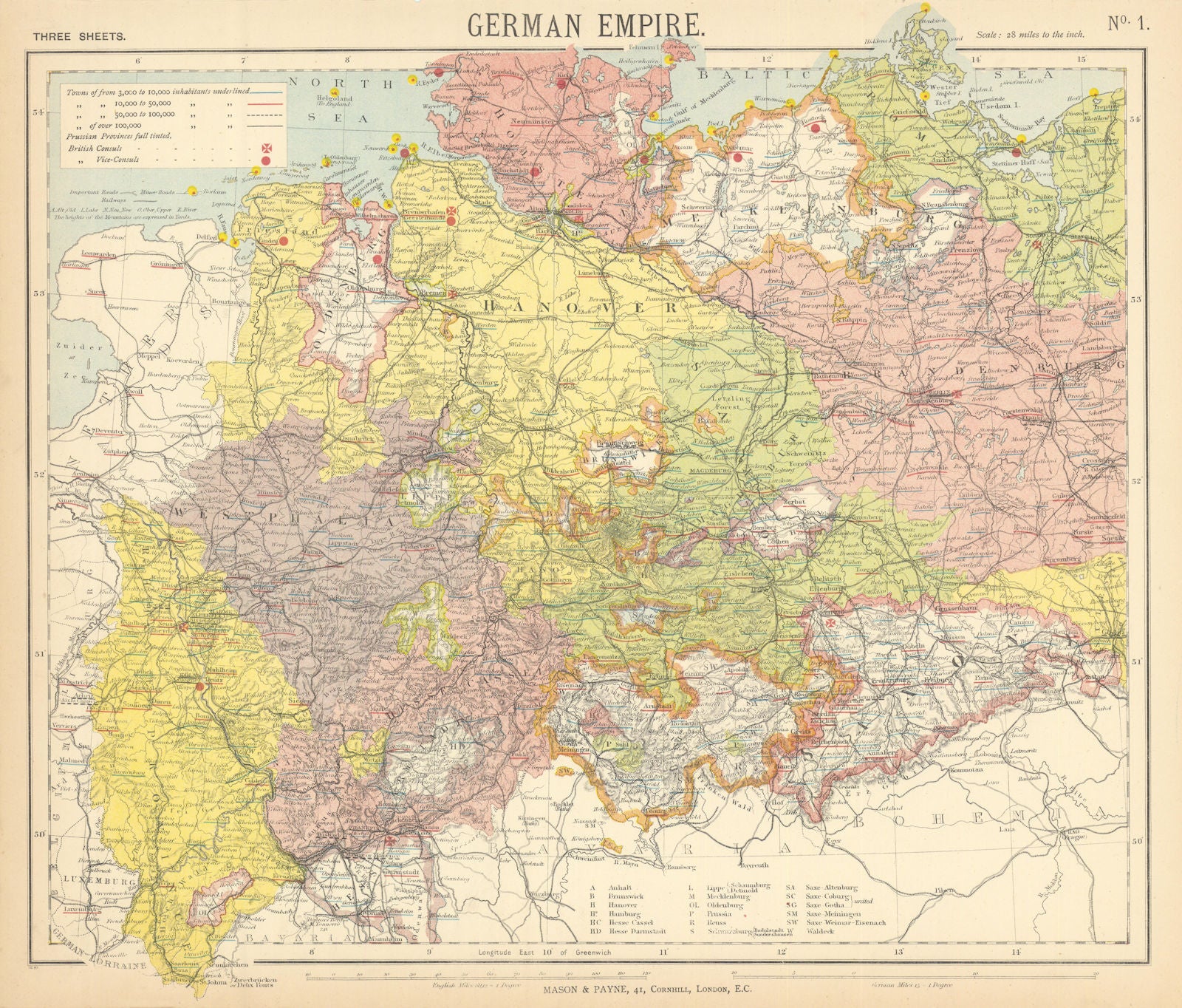 GERMAN EMPIRE. Prussian Provinces. Lighthouses. British consuls. LETTS 1892 map